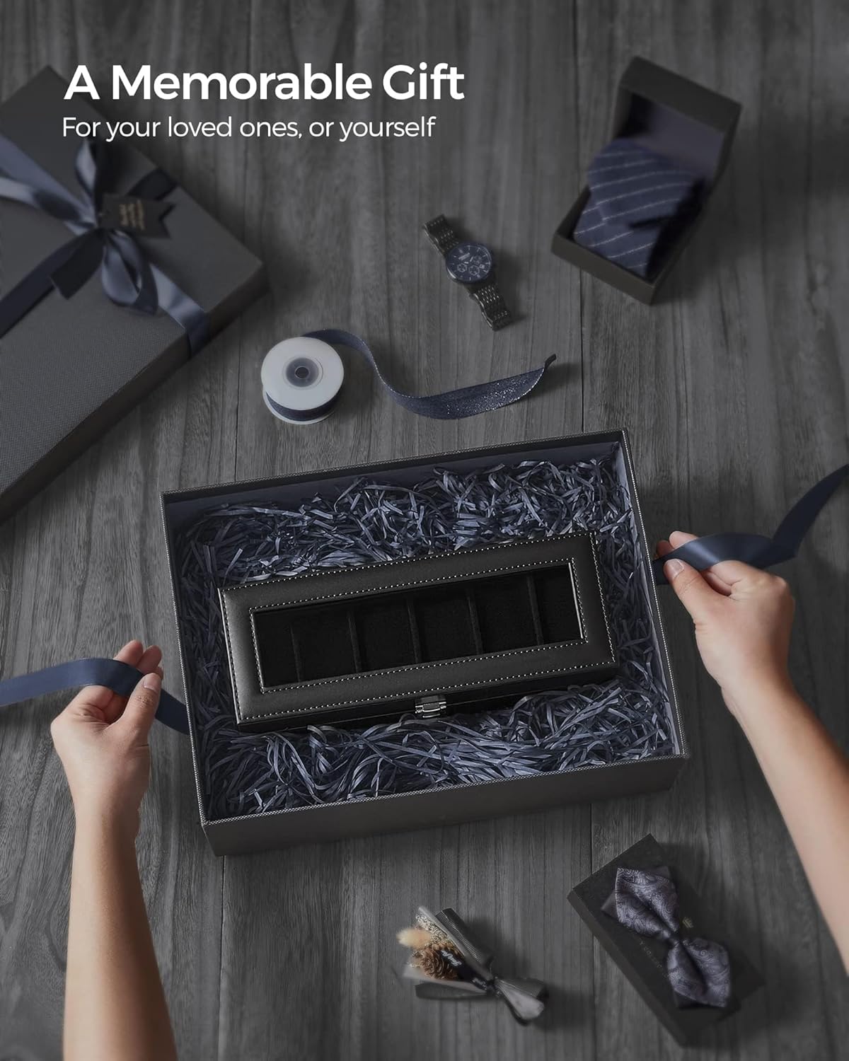 SONGMICS Watch Box, 6-Slot Watch Case, Watch Box Organizer, Black Synthetic Leather, Greenish Gray Lining UJWB06BK