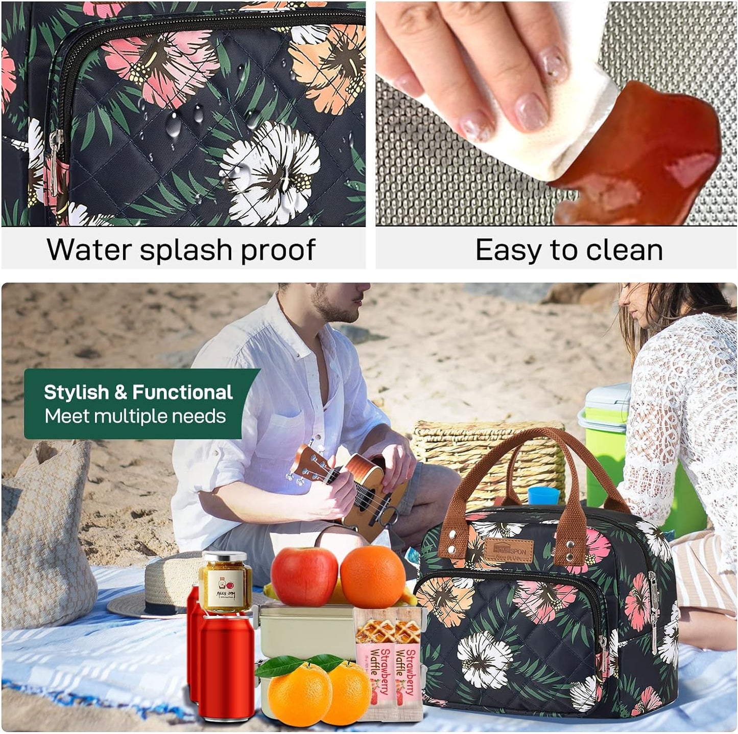 HOMESPON Lunch Bag for Woman Man Adults with Front Pocket Insulated Lunch Tote Lunch Box Container for Work Picnic or Travel(Black)