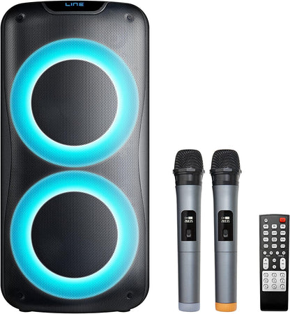 800W Rechargeable Karaoke Machine with Dual 8" Woofers, LED Lights, Bluetooth/USB/AUX, 2 Wireless Microphones & Remote Control (Batteries Not Included), Charging Cable Included