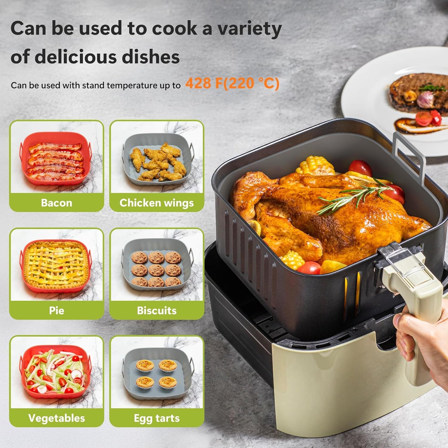 Li&Zhao Silicone Air Fryer Liners Reusable - 2 PCS Round Air Fryer Inserts Air Fryer Accessories 4 to 7 Qt Silicone Liners for Air Fryer Basket(Red & Gray)