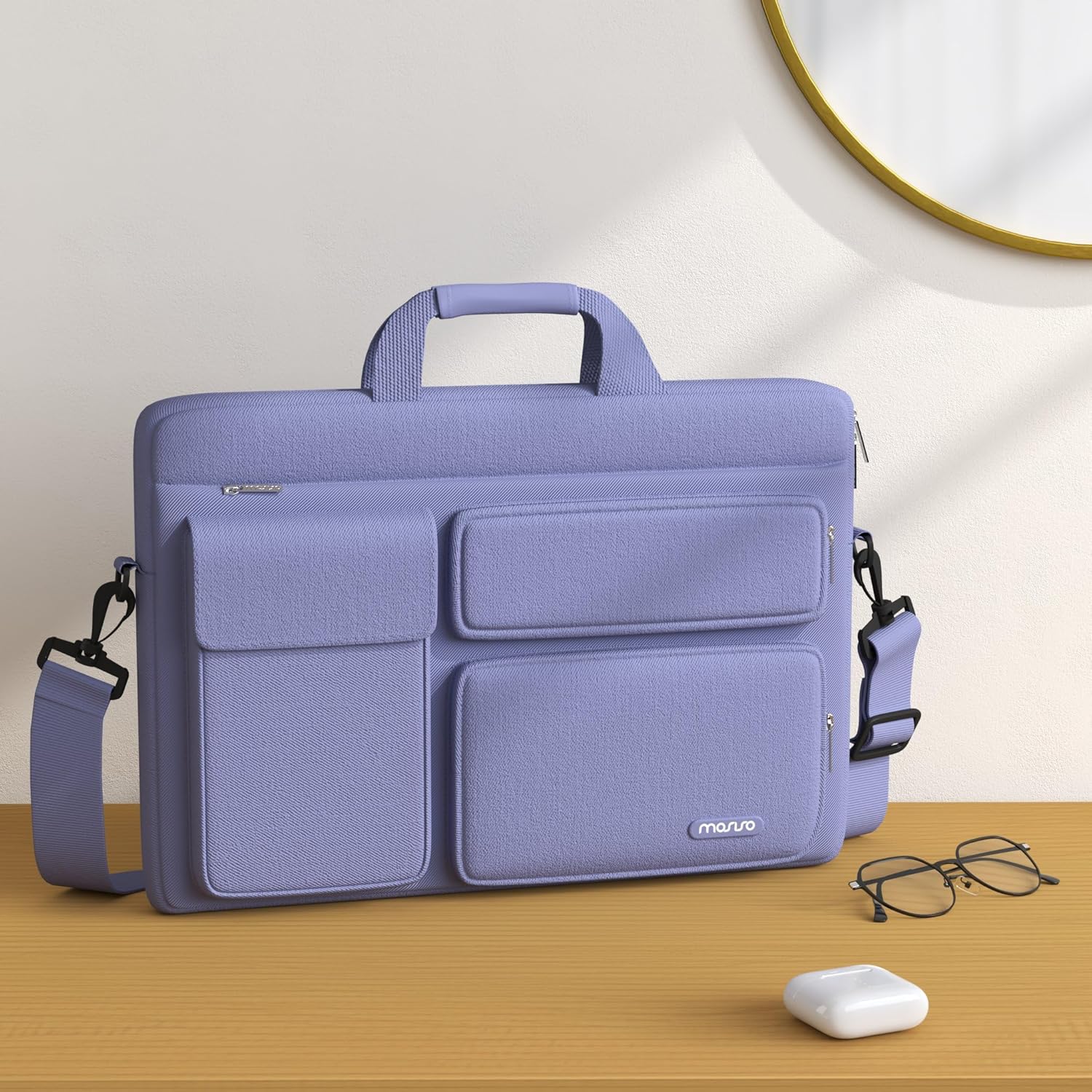 MOSISO Laptop Bag 16 inch, 15-15.6 inch Computer Shoulder Bag Compatible with MacBook Air 15 M4 M3 M2/Pro 16 M4 M3 M2 M1, Notebook &2 Raised&1 Flapover&1 Horizontal Pocket&Handle&Belt, Pink - PuriLite