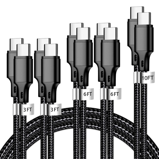CUGUNU USB C to USB C Charger Cable, 5 Pack [3/3/6/6/10ft] Type C Fast Charging Cord High Data & Transfer Wire Compatible for iPhone 16/15/Pro/Plus/Pro Max iPad Air ps5 Controller Samsung (Black) - PuriLite