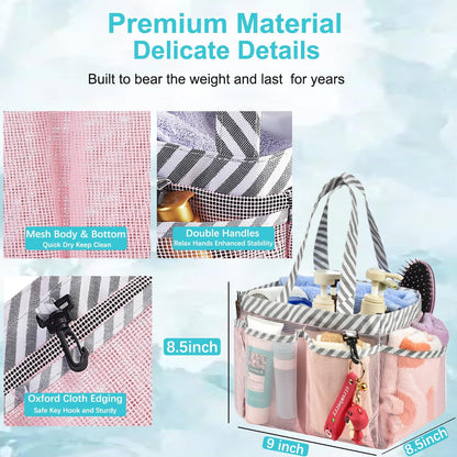 Mesh Shower Caddy Tote, Large College Dorm Bathroom Caddy Organizer with Key Hook and 2 Oxford Handles, Quick Hold, 8 Basket Pockets for Camp Gym