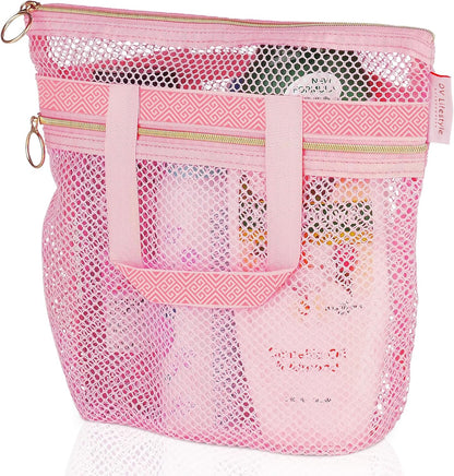 Mesh Shower Caddy Portable 10.2x9.9'' Shower Bag with Zipper & 2 Pockets. Shower Tote Ideal for Gym, Travel, Camp, Beach, for Sunscreen, Dorm & College Essentials (Black)
