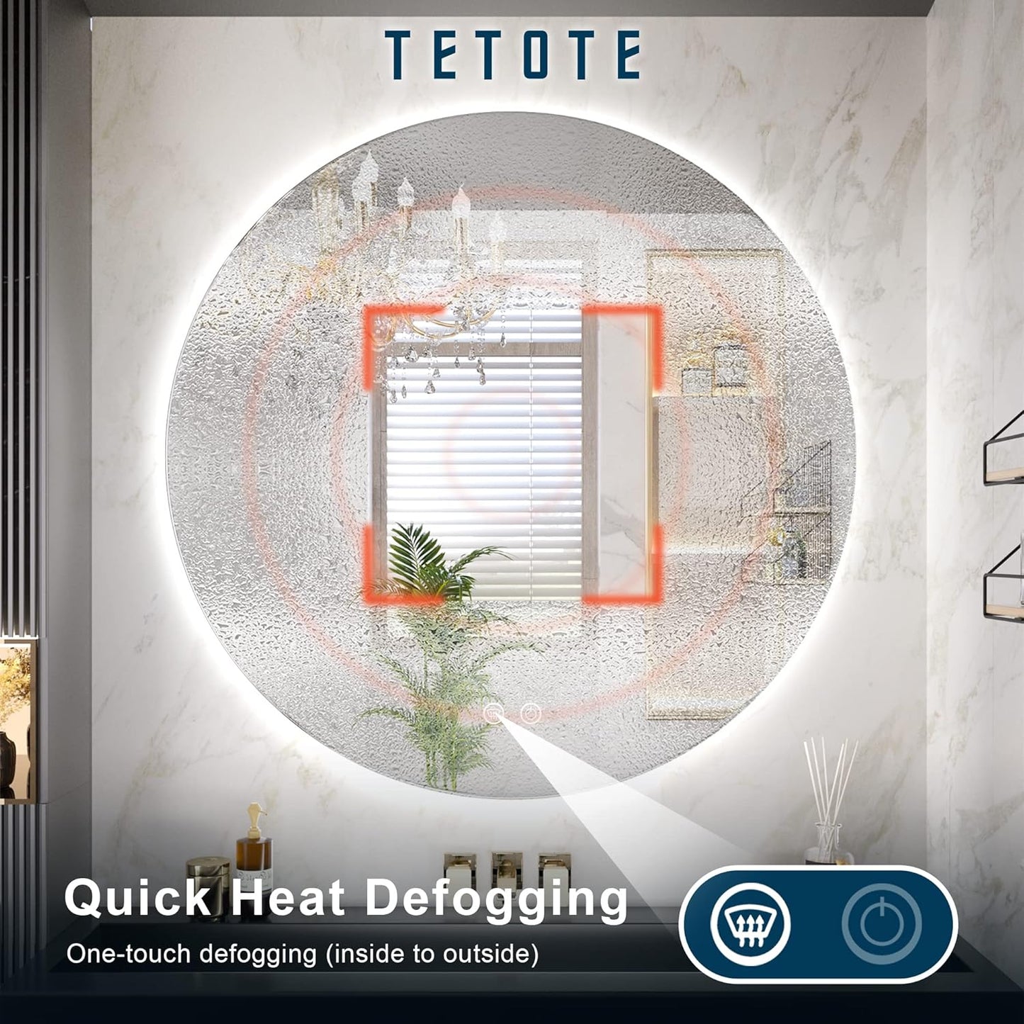 TETOTE 28 Inch Round LED Bathroom Vanity Mirror, Anti-Fog Dimmable Lights IP54 Waterproof Circle Makeup Wall Mounted Mirror