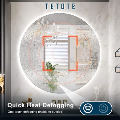 TETOTE 28 Inch Round LED Bathroom Vanity Mirror, Anti-Fog Dimmable Lights IP54 Waterproof Circle Makeup Wall Mounted Mirror