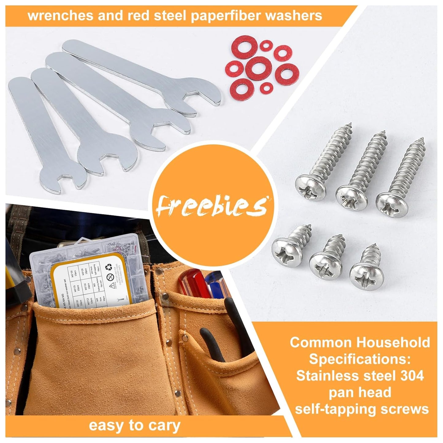 780pcs Hex Bolts and Nuts kit, 304 Stainless Steel M6 M5 M4 M3 Metric Bolt Assortment (Lock & Flat Washers), Stainless Steel Bolts and Nuts kit, Metric Screw Assortment