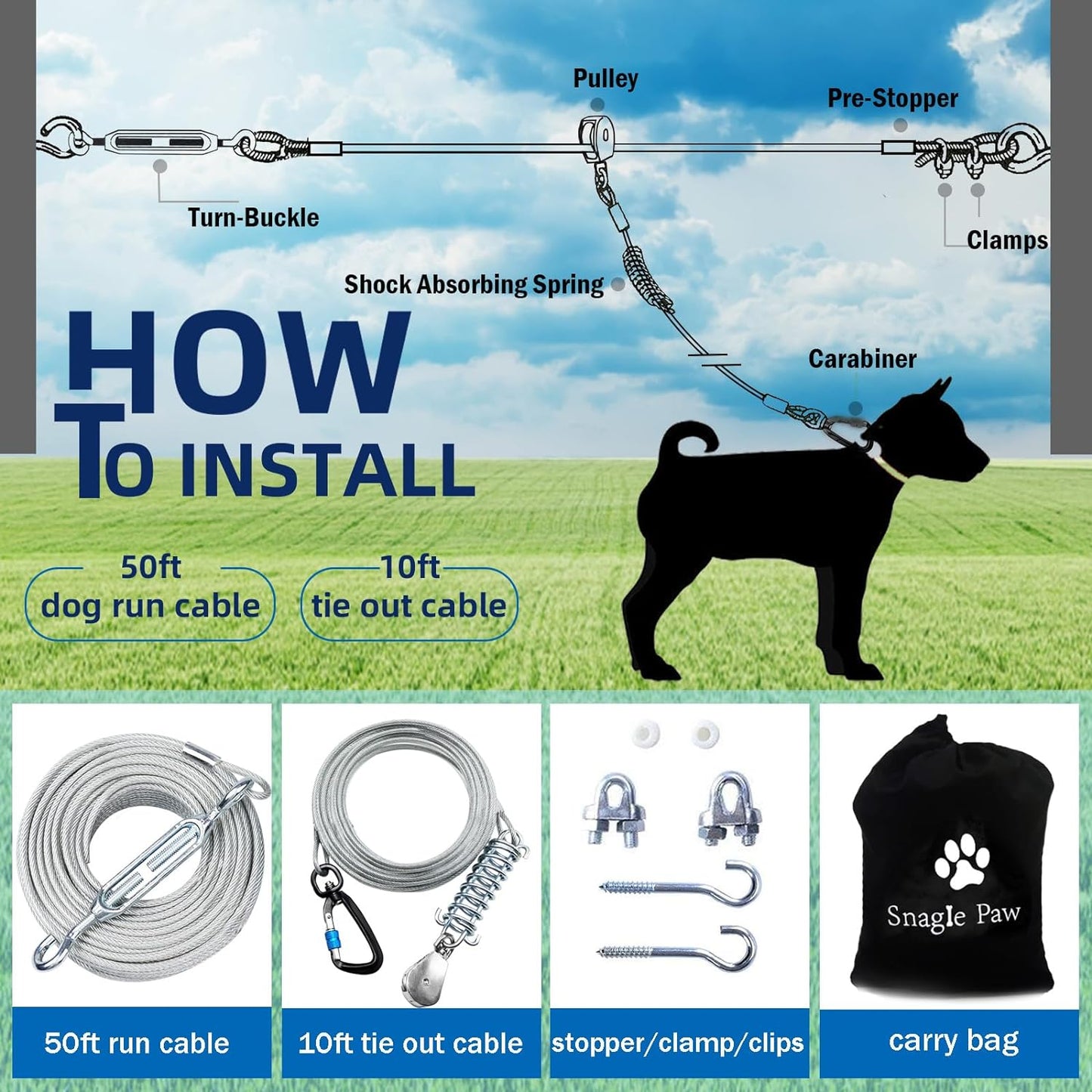 Snagle Paw Dog Tie Out Runner for Yard,Trolley System for Large Dogs,Heavy Duty Dog Run Cable with 10ft Pulley Runner Line for Dogs Up to 125lbs,Yard or Camping,75ft