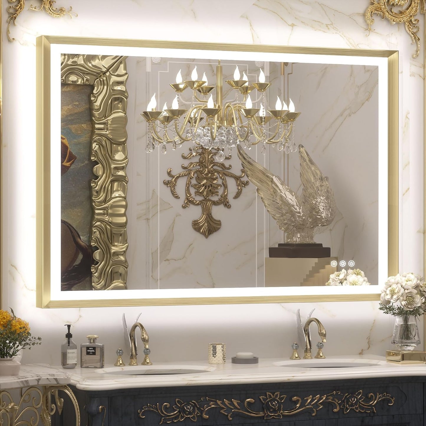 TETOTE 28x36 LED Mirror for Bathroom Black Metal Frame Frontlit & Backlit Lighted Vanity Mirror Baroque Gothic Anti Fog Stepless Dimmable White/Warm/Natural,Wall Mounted(Horizontal/Vertical)