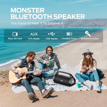 Monster Adventurer Max Bluetooth Speaker with Two Wireless Microphones, IPX7 Waterproof Outdoor Speakers with 100W Powerful Stereo Sound, Portable Bluetooth Speakers for Home, Camping, Silver