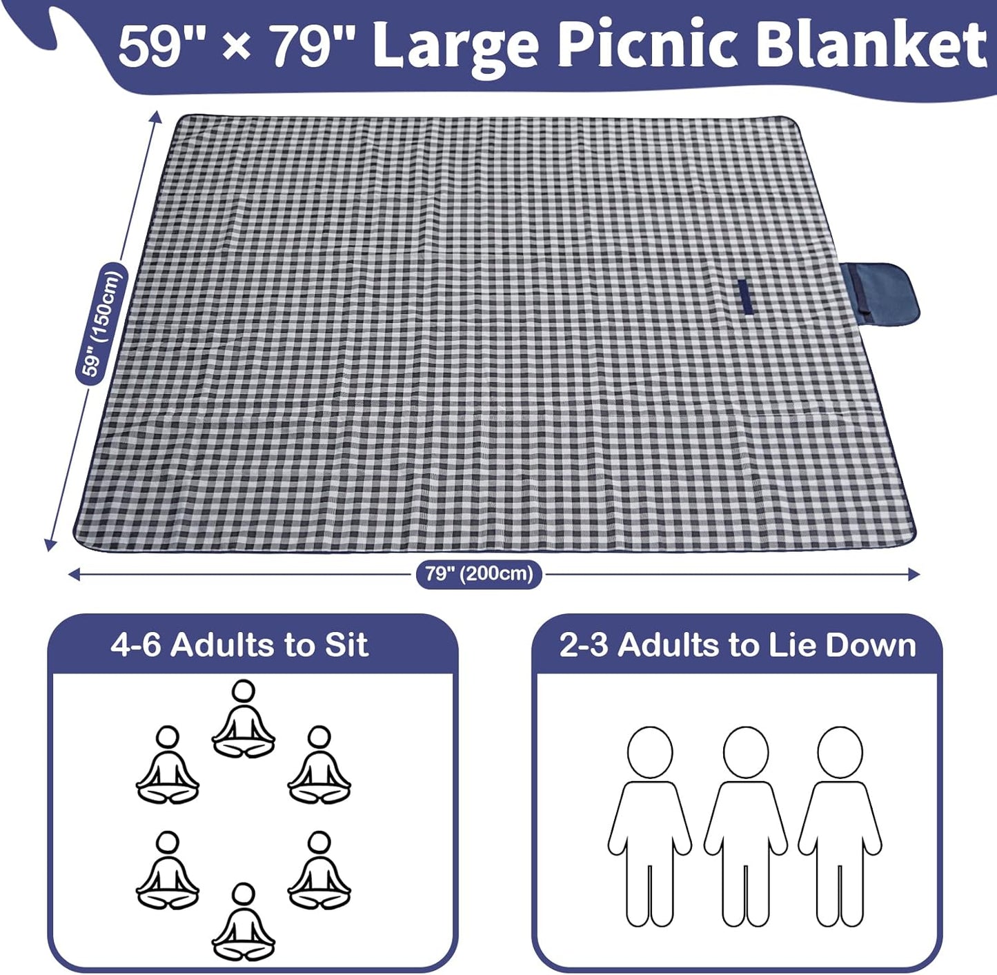 Extra Large Outdoor Picnic Blanket, 79"x79" Waterproof Picnic Mat, Sandproof Beach Blanket Portable Camping Blanket Lightweight for Park Beach Camping Courtyard (Dark Blue)