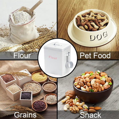 YOUEON 10 Lbs Metal Rice Storage Container, Square Rice Canister with Lid and Measuring Scoop, Countertop Sealed Food Storage Container for Cereal, Beans, Pet Food, White