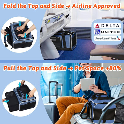 Petskd Top and Side Expandable Pet Carrier 17x12x8.5 Inches JetBlue Frontier Spirit Airline Approved, Soft-Sided Carrier for Small Cats and Dogs with Locking Safety Zipper and Anti-Scratch Mesh(Black)