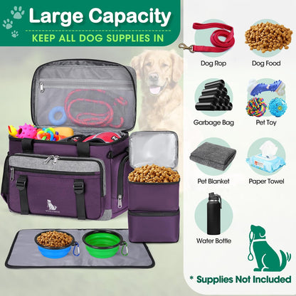 IGOLUMON Dog Travel Bag Weekend Pet Travel Bag Set for Supplies Large Dog Camping Kit Airline Approved Tote Organizer with Multi Pockets, 2 Large Food Containers, 2 Dog Bowls, 1 Feeding Mat