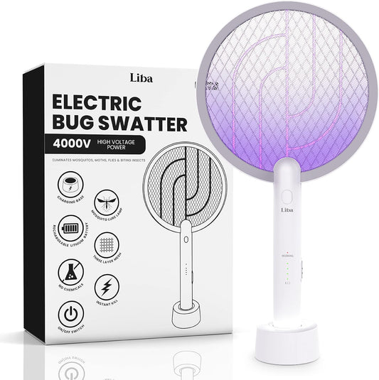 LiBa Electric Fly Swatter Racket, 2 in 1 Electric Bug Zapper USB Rechargeable, 4000V Indoor Outdoor Mosquito Zapper with 5 Layer Safety Mesh, Cordless Insect Killer Trap Home Office Camping Patio