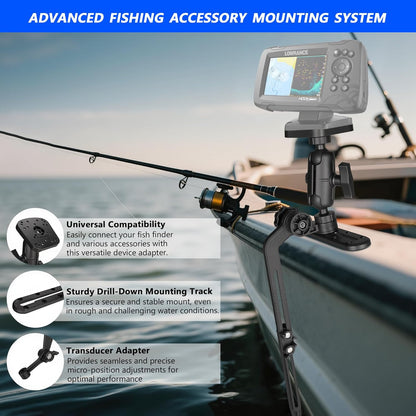 Velpaw 1.5" Ball Kayak Fish Finder Mount with Transducer Mounting Arm, Marine Electronic Mount Plate with Low Profile Track, Compatible with RAM Mounts, Scotty, Lowrance, Garmin