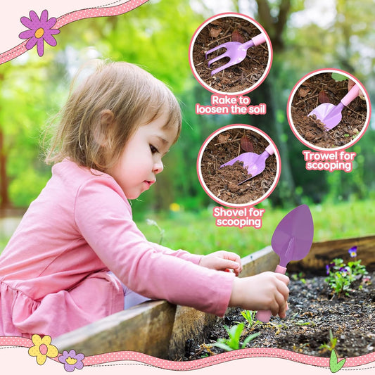 CUTE STONE Pink Kids Gardening Tool Set, Garden Toys W/ Shovel, Rake, Trowel, Apron W/Pockets, Garden Tote Bag, Watering Can, DIY Stickers, Outdoor Backyard Digging Gift Toys for Boys Girls - PuriLite