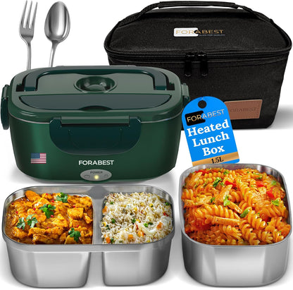 FORABEST Electric Lunch Box Food Heater 80W 1.5L Stainless Steel Heated Lunch Box for Men & Women, Universal 12/24/110/220V Self Heating Lunch Box for Car, Truck & Work, Portable Food Warmer lunch box