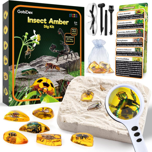 Amber Dig Kit for Kids – STEM Excavation Toy with 6 Insect Specimens, Educational Bug Fossil Digging Set for Ages 6+, Science Learning and Party Favor Activity - PuriLite