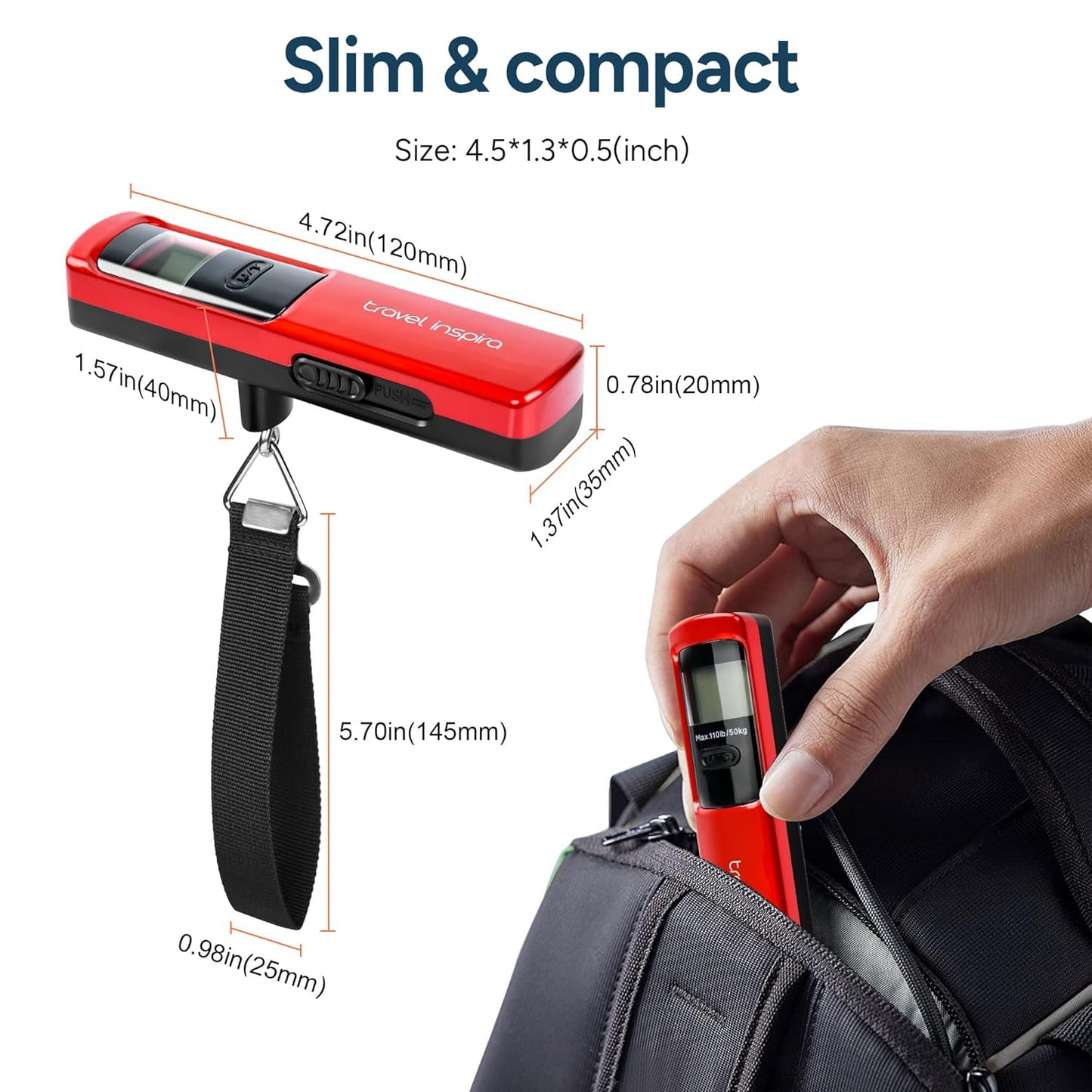 travel inspira Luggage Scale Battery-Free, Travel Essentials, Portable Handheld Digital Suitcase Weight Scale for for Travel Accessories, 110lbs/50kg