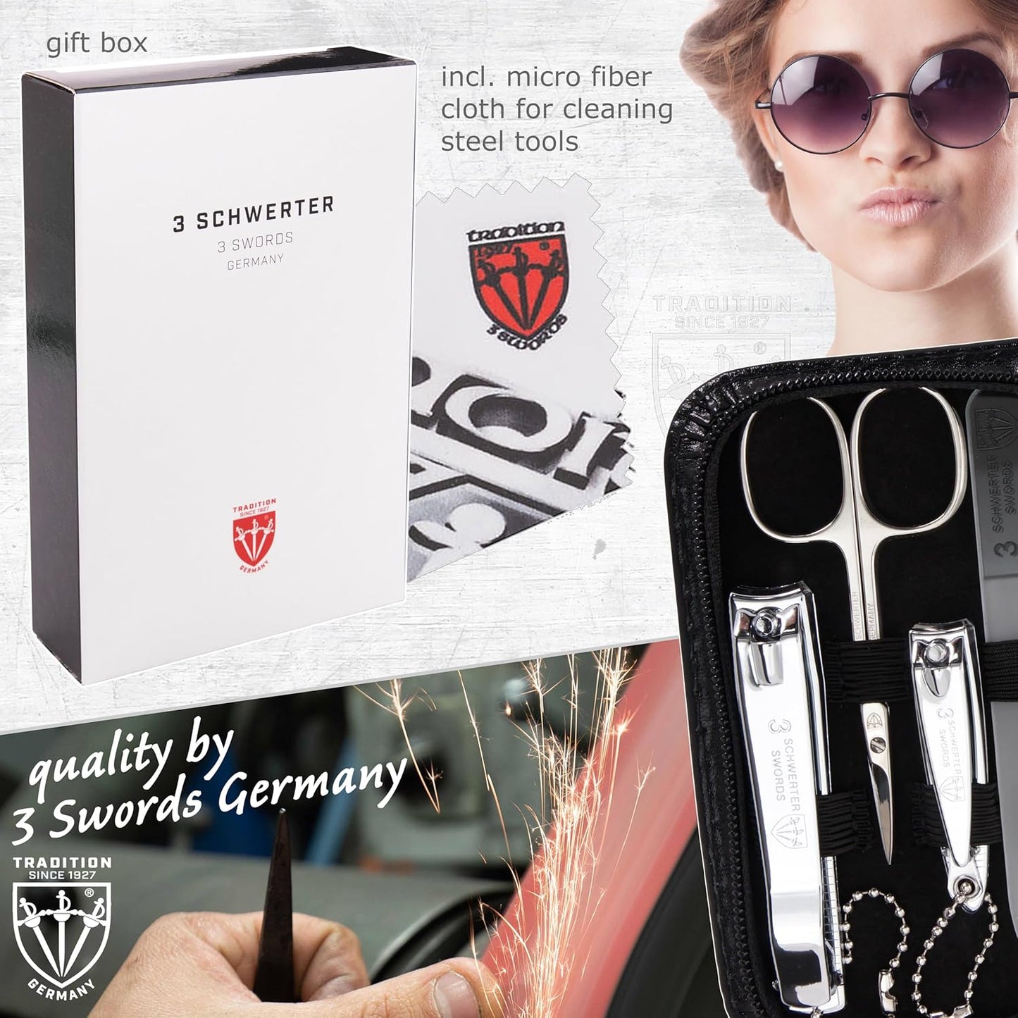 3 Swords Germany - brand quality 8 piece manicure pedicure grooming kit set for professional finger & toe nail care scissors clipper fashion leather case camou in gift box, Made in Germany