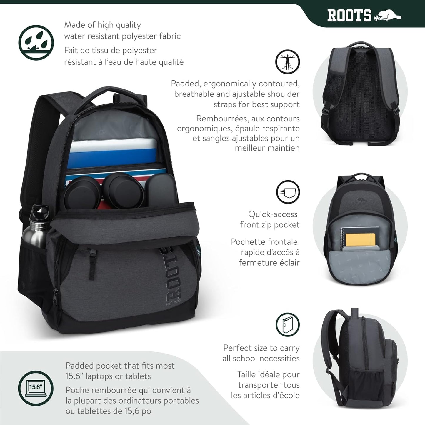 Roots Athletic 3-in-1 Matching Water Resistant Teen Backpack and Lunch Bag Set with Bonus Pencil Case - Made from 100% Recycled Fabrics - 34 litres, Blue Black Navy Camo, XL