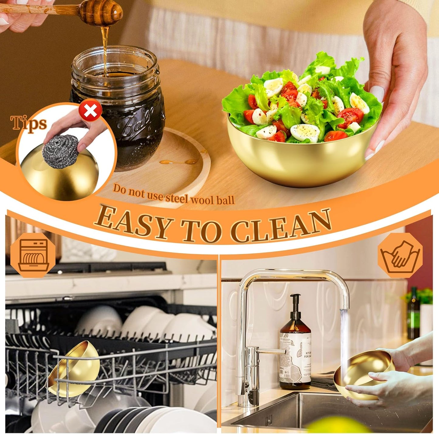 8 Pcs Gold Stainless Steel Mixing Bowl, 24 Oz Decor Salad Mixing Bowl, 5.9 in Metal Serving Bowl Reusable Prep Bowl, Kitchen Cooking Bowl for Soup Fruit Sauce Pasta Snack Noodle (700 ML)