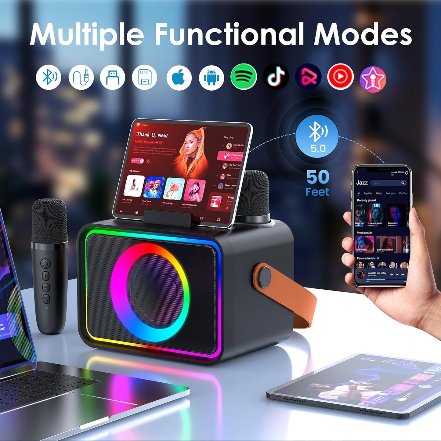 Portable Bluetooth Karaoke Player with 2 Wireless Microphones Karaoke Machine for Adults & Kids Toys with LED, Home Karaoke Stystem Packages Supports USB/TF/AUX,Gift for Party (Black)