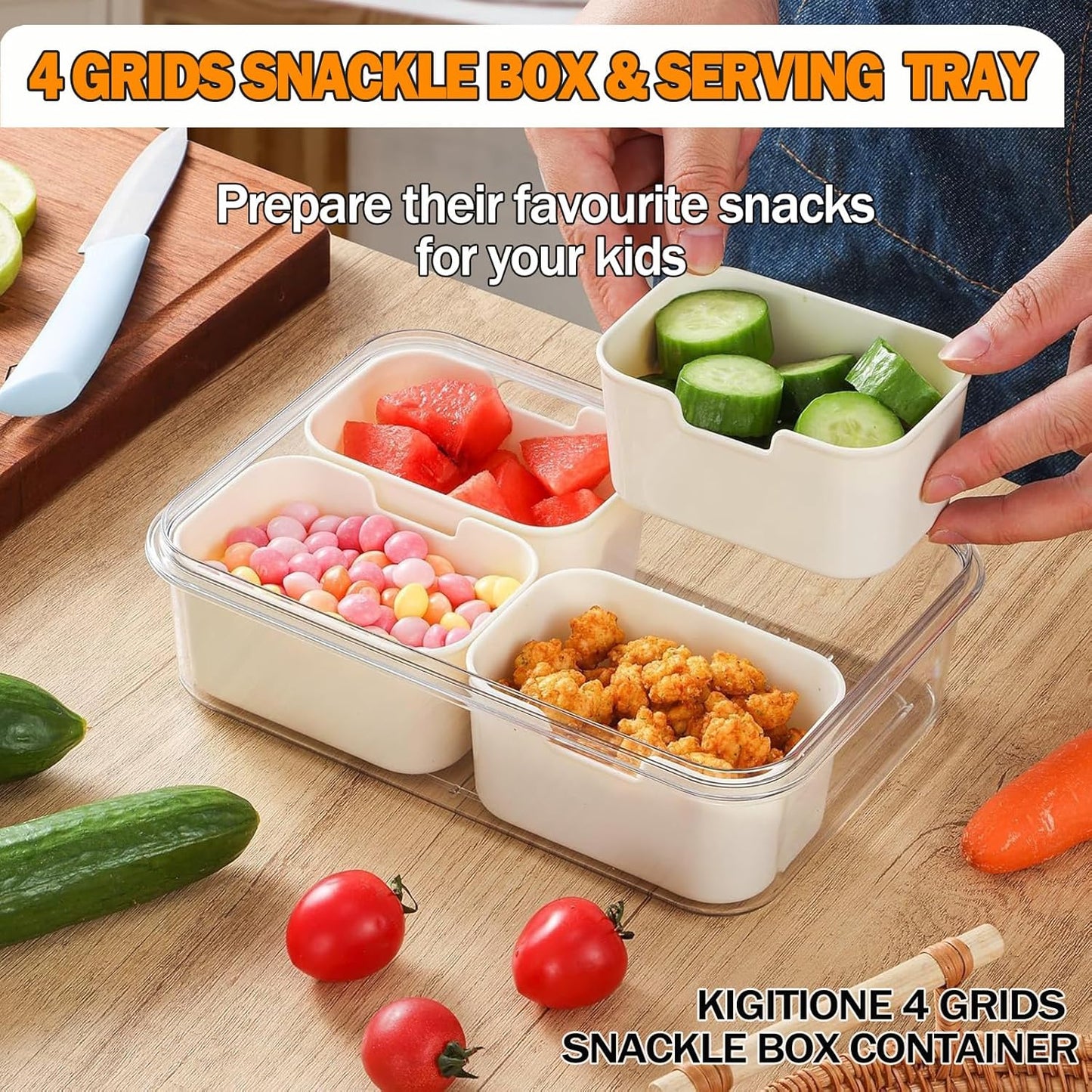 KIGITIONE Snackle Box, Pink 8 Compartments Portable Serving Tray, Divided Snackle Box Container with Lid and Handle, Snack Organizer for Fruits, Snacks, Nuts, Candy, Ideal for Party, Travel & Picnics