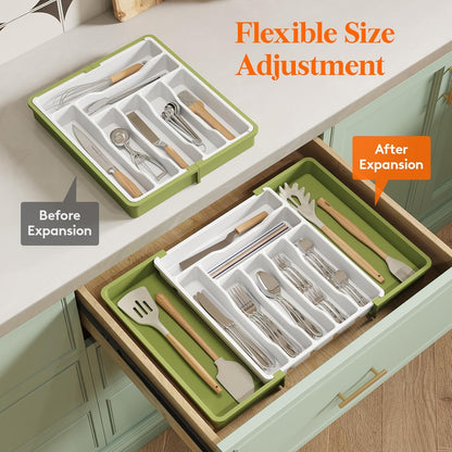 Lifewit Cutlery Organizer, Expandable Utensil Organizer for Kitchen, Utensil Holder, Adjustable Cutlery Rack Organizer for Spoons, Knives, Kitchen Organizers and Storage, Black