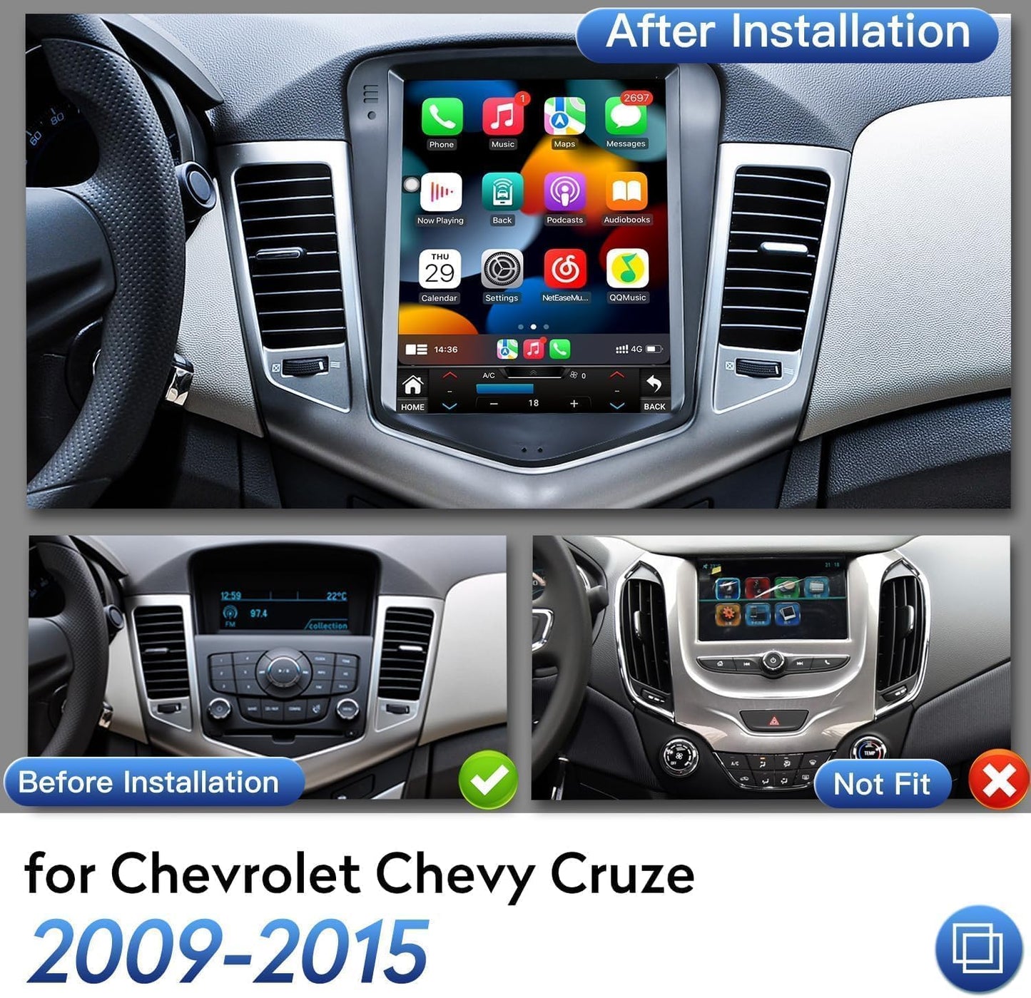 5G WiFi 4+32GB Car Radio for Chevrolet Chevy Cruze 2009-2015 Limited 10.4inch Tesla Style Car Stereo IPS Touch Screen Wireless CarPlay Andriod Auto GPS FM SWC Free Camera