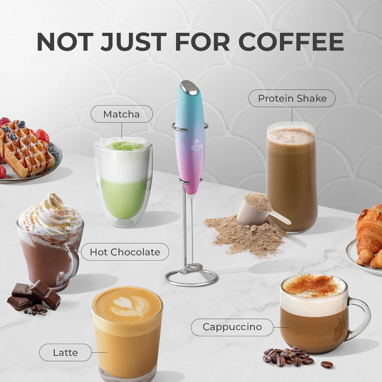 Zulay Milk Frother Complete Set Coffee Gift, Handheld Foam Maker for Lattes - Whisk Drink Mixer for Coffee, Mini Blender for Cappuccino, Frappe - Includes Frother, Stencils & Frothing Cup (Black)