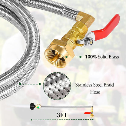 Propane Refill Adapter 20lb to 1lb Camping - 3FT/36inch Stainless Steel Hose with Gauge and ON-Off Control Valve - Fits QCC1 / Type1 Tank, 2 Caps Included