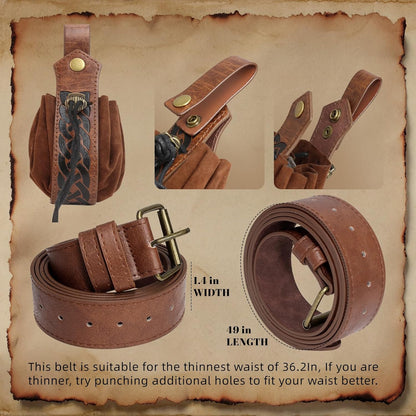 Renaissance Belt Pouch Medieval Viking Pirate Leather Bag Potion Bottle Set Skirt Hike Halloween Cosplay Costume Accessorie (Brown, Belt Pouch)