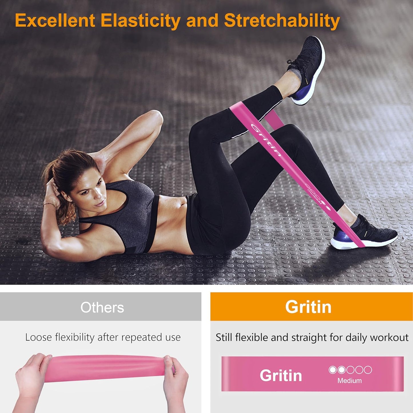 Gritin Resistance Bands, Set of 5 Skin-Friendly Resistance Fitness Exercise Loop Bands with 5 Different Strength Levels - Travel Carrying Case Included - Ideal for Home, Gym, Yoga, Training