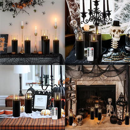 24-Pack Black Flameless LED Candles - Elegant Black Acrylic Pillar, Realistic Flickering Flame, Remote & Timer for Halloween, Gothic Decor, Weddings, Christmas & Home Decoration