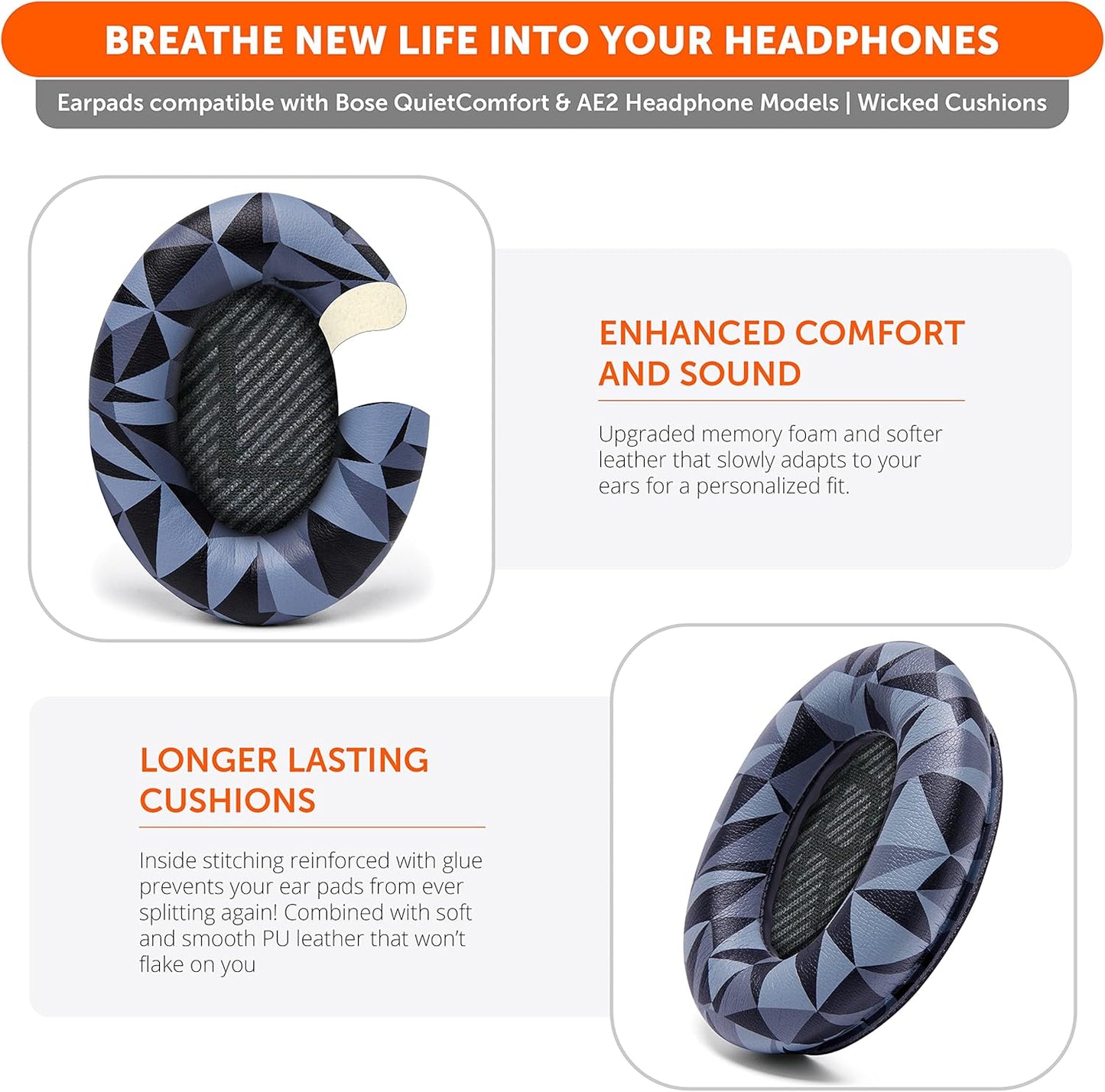 WC Wicked Cushions Upgraded Replacement Ear Pads for Bose QC35 & QC35ii (QuietComfort 35) Headphones & More - Softer Leather, Luxurious Memory Foam, Added Thickness, Extra Durability | Midnight Blue