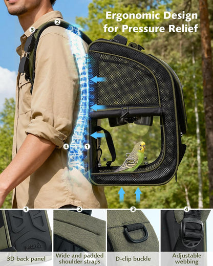 Pecute Bird Travel Carrier Backpack, Breathable Collapsible,Green