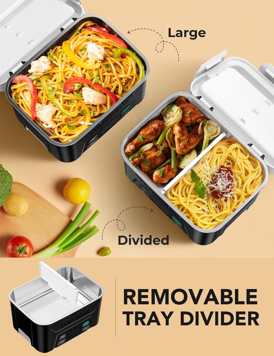 Docusvect Cordless Electric Lunch Box for Adults, Heated Lunch Box Battery Powered with Automatic Heating, 1.3L Portable Food Warmer with Removable Tray Divider