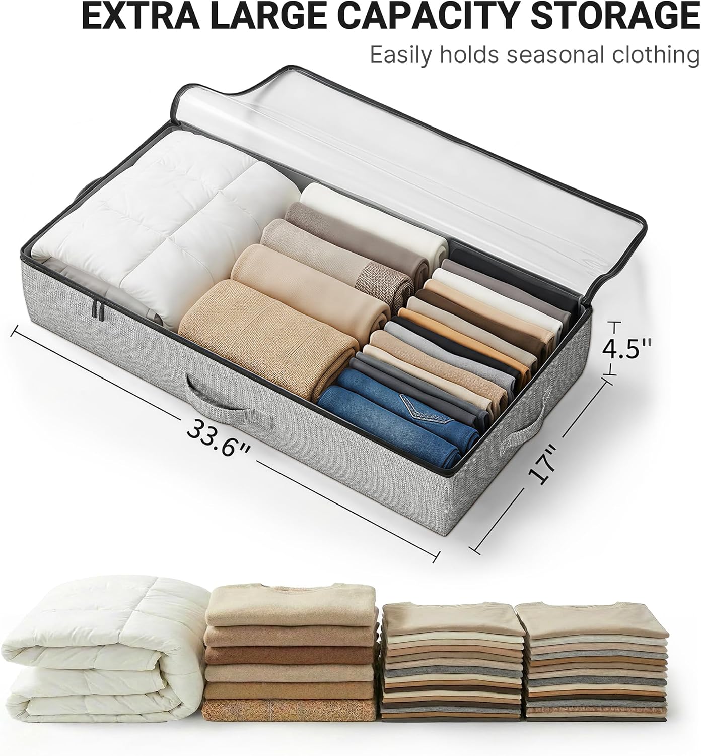 Under Bed Storage Containers 2 Pack – Low Profile Slim Underbed Storage Bins with Clear Plastic Cover, 45L Fabric Organizer for Clothes, Shoes, Blankets, RV & Bedroom Storage - PuriLite