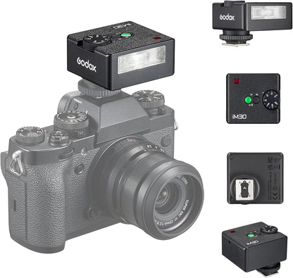 Godox iM30 Mini Speedlite, GN15 with 13 Levels Flash Power, CCT 6500K±200K, S1/S2 Optical Control for Fuji, Canon, Nikon, Sony, Olympus Cameras