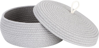 Sea Team Round Cotton Rope Storage Basket with Lid, Decorative Woven Storage Bin, Pot, Caddy, Organizer, Container for Snacks, Towels, Plants (Grey, Small)