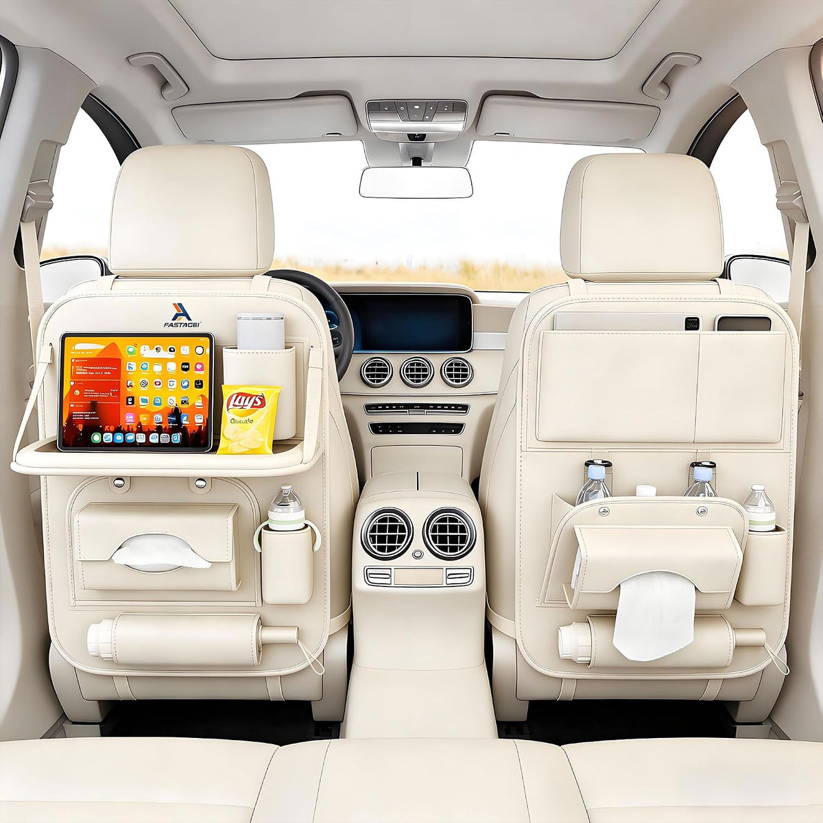 Universal Premium Leather Foldable Car Backseat Organizer with Table Tray, Car Seat Back Protector with Garbage Bag Touch Screen Pad Holder, Car Kick Mats Protector with Tissue Holder (Beige)