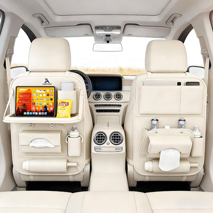 Universal Premium Leather Foldable Car Backseat Organizer with Table Tray, Car Seat Back Protector with Garbage Bag Touch Screen Pad Holder, Car Kick Mats Protector with Tissue Holder (Beige)