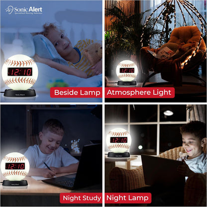 Sonic Alert Baseball Alarm Clock Nightlight for Heavy Sleepers - Loud & Compact Alarm Clock for Bedroom - Battery Backup & Full Range Dimmer - Easy to Set Digital Alarm Clock for Kids - AUX Connection