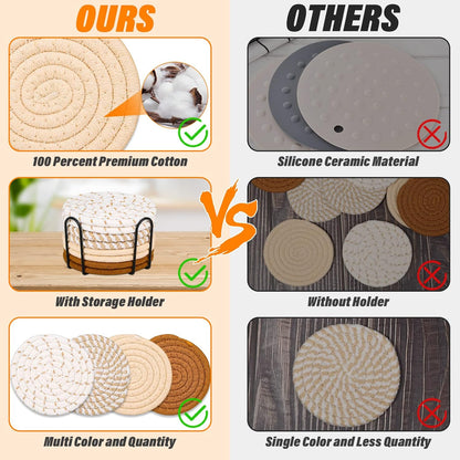 Mckanti Drink Coasters Set of 8, 4 Colors Absorbent Cotton Woven Round Coasters for Living Room Decor, Tabletop Protection Suitable for Kinds of Cups, 4.3 Inches