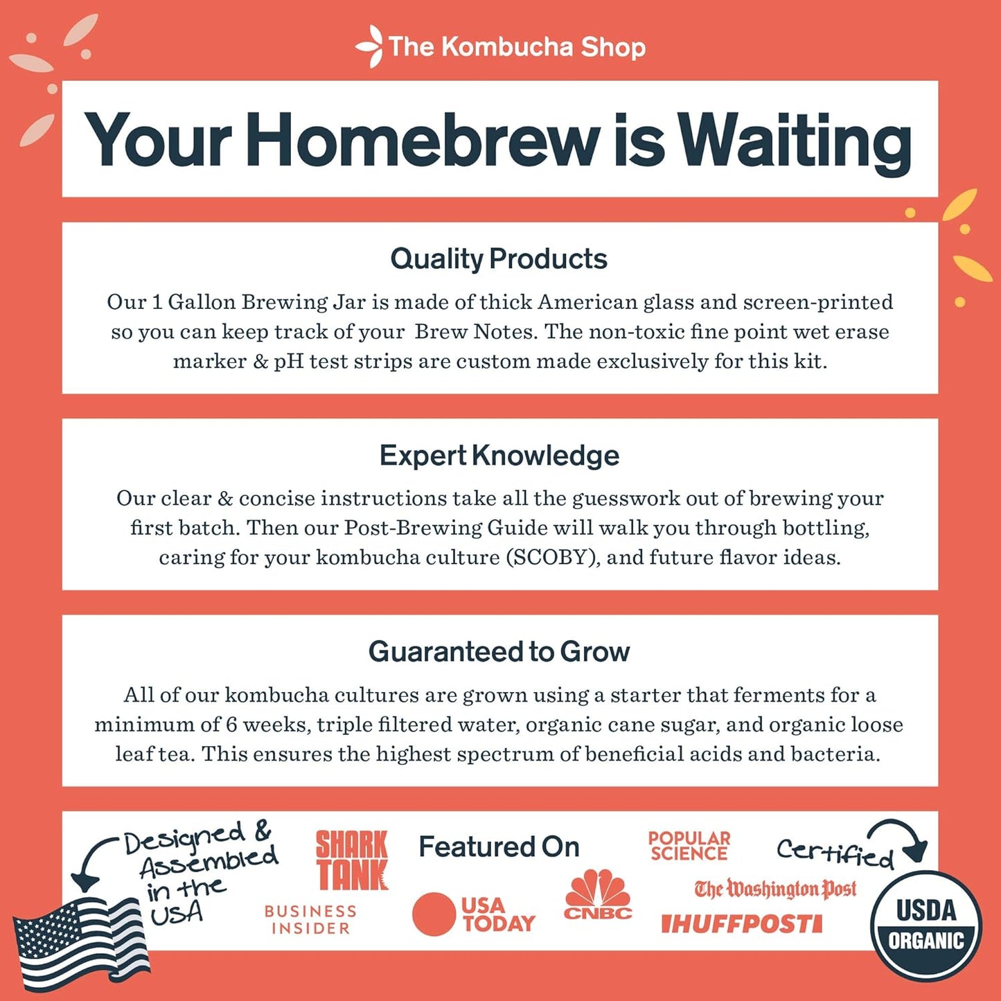 The Kombucha Shop Kombucha Brewing Kit 1 Gallon Glass Brew Jar, Kombucha SCOBY and Starter Pouch, Temperature Gauge