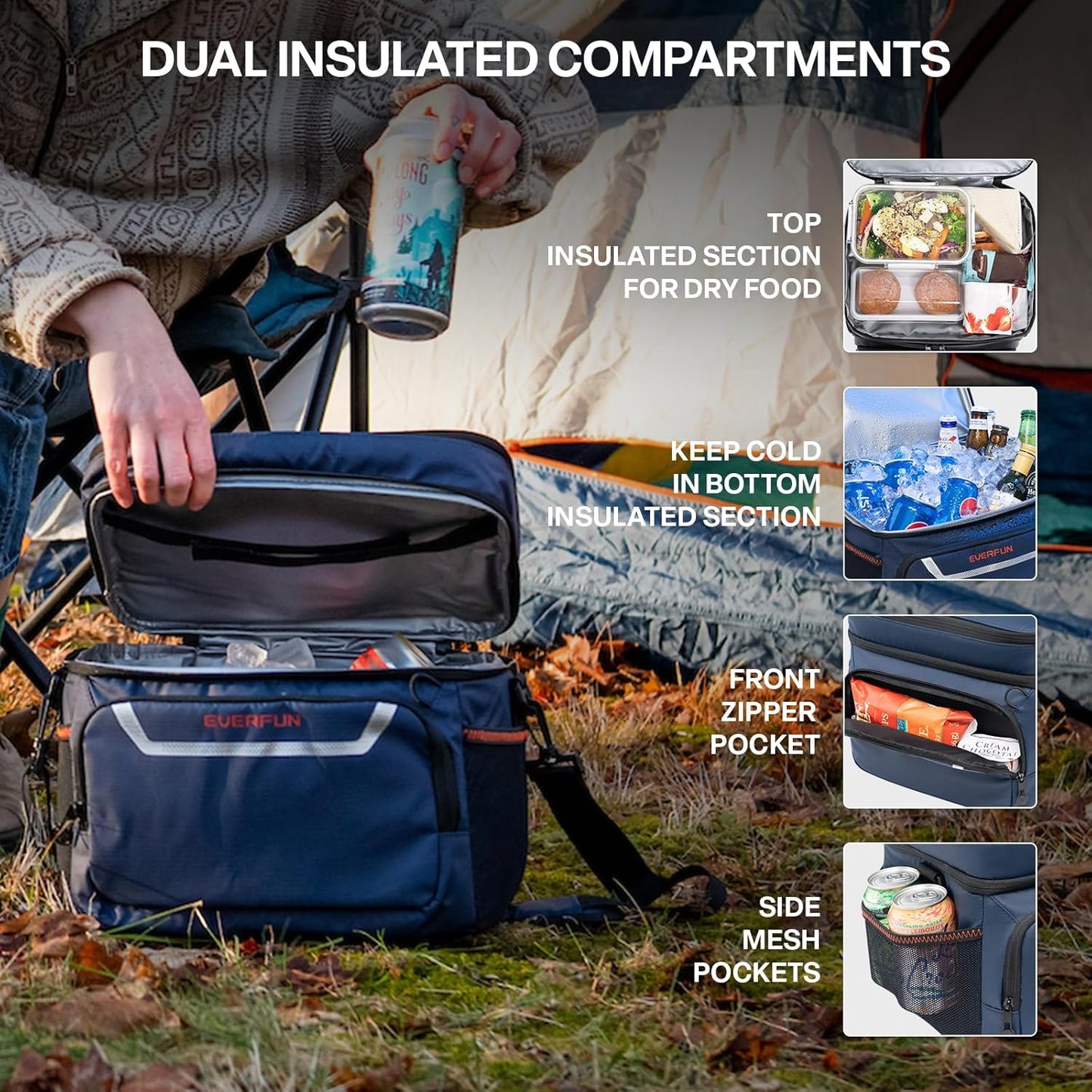 EVERFUN Cooler Bag Insulated Beach Cooler Lunch Bag Box for Men Women Dual Compartments Collapsible Waterproof Leak-Proof for Travel Work Picnic