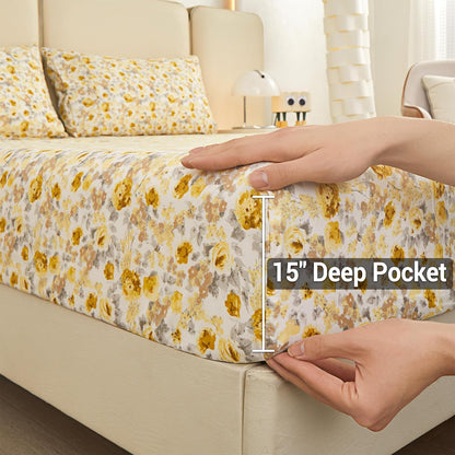 Viviland Floral Queen Sheet Set - 4 Piece Vintage Pink & Yellow Flower Patterned Bed Sheets - Soft, Breathable Microfiber Sheets with Deep Pocket, Non-Slip Fitted Sheets & Pillowcases
