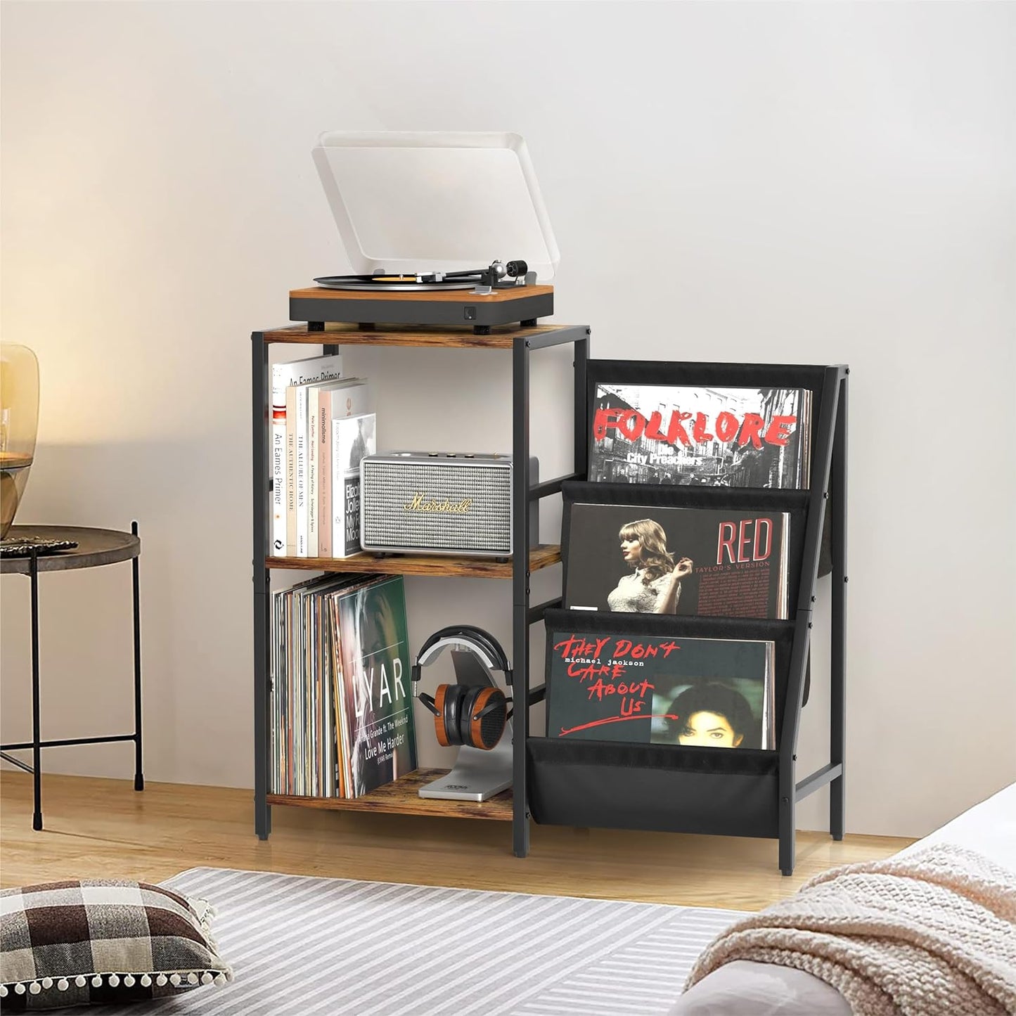 Record Player Stand with Vinyl Storage, Record Player Table with Record Storage 200 Albums, Turntable Stand with Record Holder Vinyl Display Shelf, Record Cabinet Media Stereo (White) - PuriLite